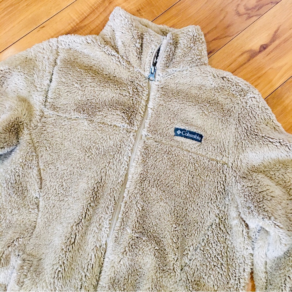 Columbia tan fleece teddy bear plush hoodie jacket coat winter cozy athletic